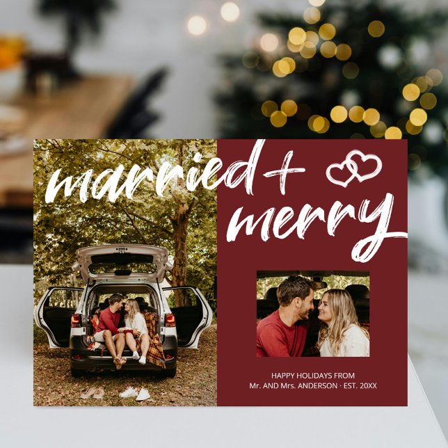 Married Merry Xmas Brush Script Newlyweds photos Holiday Card (Creator Uploaded)