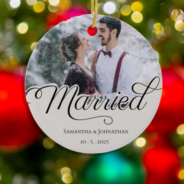 Married | Modern Christmas Couple Photo Ceramic Ornament (Creator Uploaded)