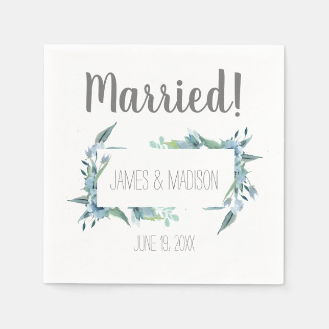 Married! Modern Floral Frame Customizable Napkins (Front)