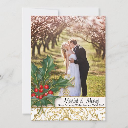 Married n Merry Christmas Gold Glitter Holly Photo Holiday Card
