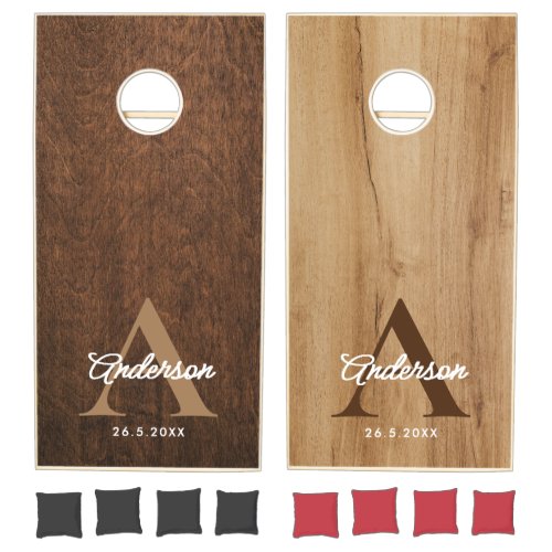 Married Name Rustic Light  Dark Wood Wedding Cornhole Set