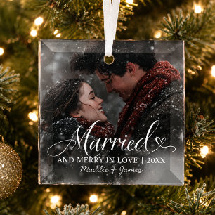 Married Our First Christmas Couple Names & Photo Glass Ornament