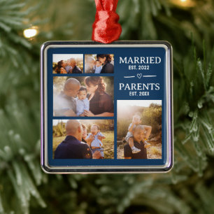Married Parents Year Est Custom 5 Photo Metal Ornament