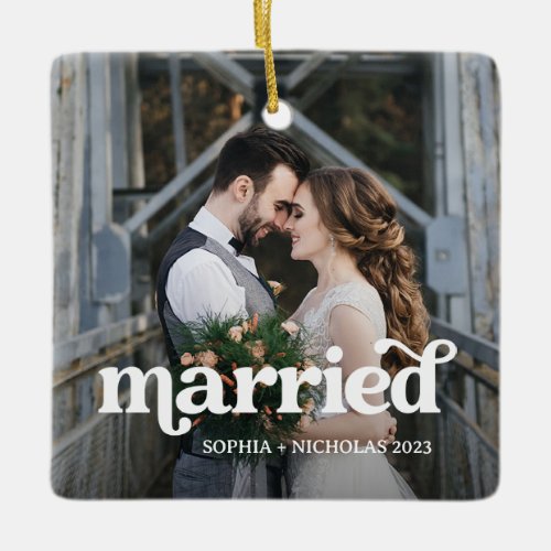 Married  Simple and Boho Text and Two Photos Ceramic Ornament