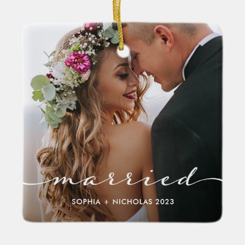 Married  Simple Script and Two Photos Ceramic Ornament
