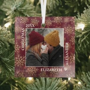 Married Snowflakes Photo on Cranberry Glass Ornament
