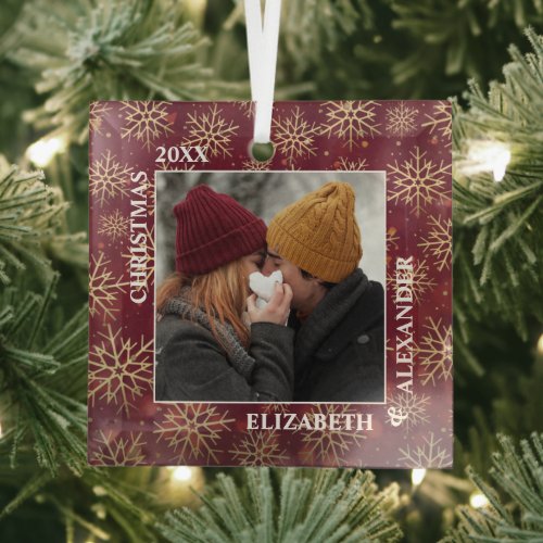 Married Snowflakes Photo on Cranberry Glass Ornament