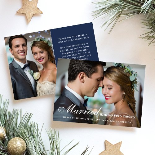 Married  So Merry Newlywed 2 Photo Christmas Blue Holiday Card