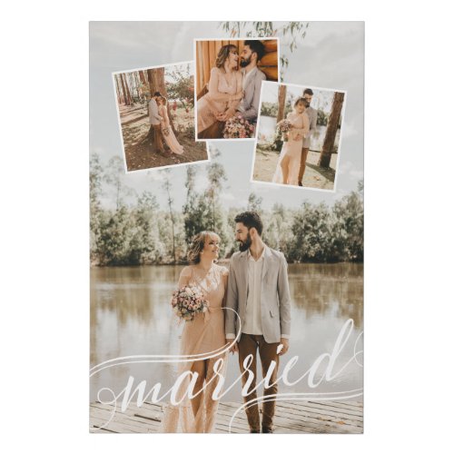 Married Swirly Script Wedding Photo Collage Faux Canvas Print