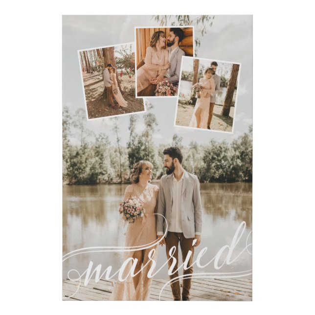 Married Swirly Script Wedding Photo Collage Faux Canvas Print (Front)