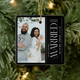 Married Wedding Photo Newlyweds Christmas Ceramic Ornament