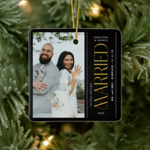 Married Wedding Photo Newlyweds Christmas Ceramic Ornament
