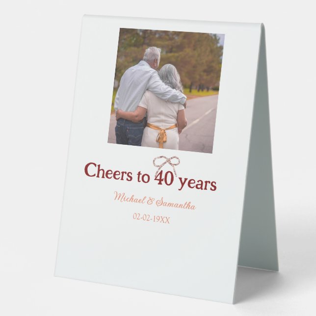 Marron bow cheers to 40 years anniversary wedding  table tent (Front)