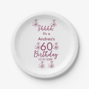 Marron white mauve shhhh 60th birthday floral name paper plates
