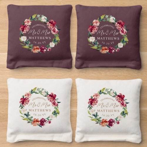 Marroon Floral and White Wedding Cornhole Bags