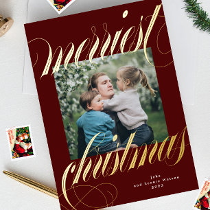 marroon merriest christmas calligraphy one photo foil holiday card