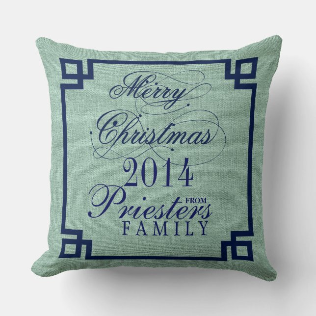 Marry Christmas Blue Text Sage-Green Linen Texture Throw Pillow (Front)