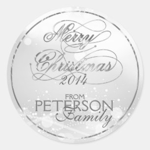 Marry Christmas Silver Text & Bokeh Background Classic Round Sticker