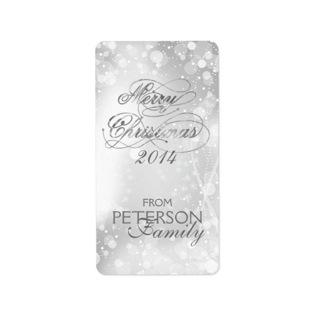 Marry Christmas Silver Text & Bokeh Background Label (Front)