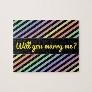Marry me? + Black & Pastel Color Lines Pattern Jigsaw Puzzle