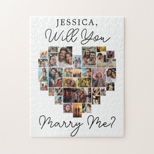 Marry Me Heart Couple Photo Collage Modern Script Jigsaw Puzzle