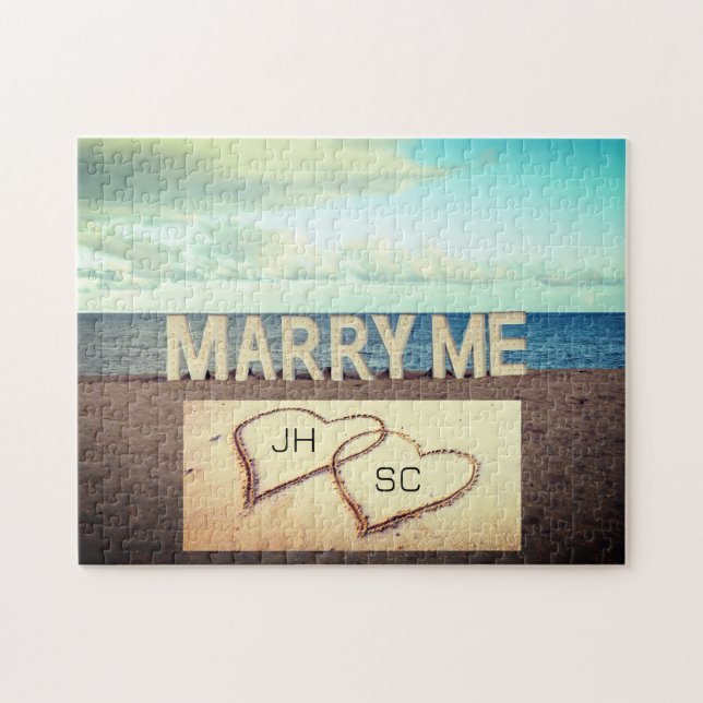 Marry Me Heart Initials Beach Marriage Proposal Jigsaw Puzzle (Horizontal)