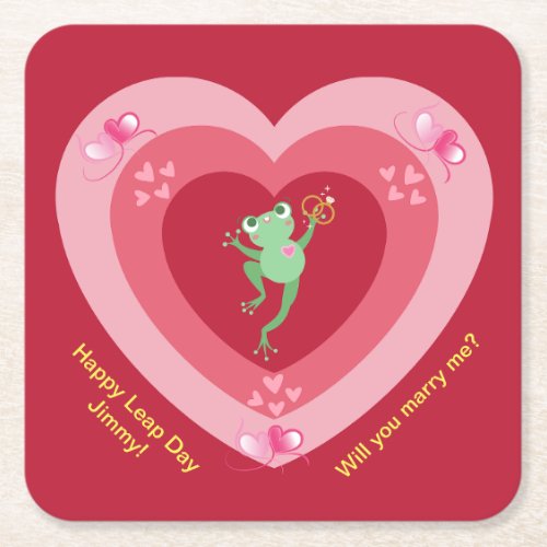 Marry Me Leap Day Proposal Frog in Heart  Square Paper Coaster