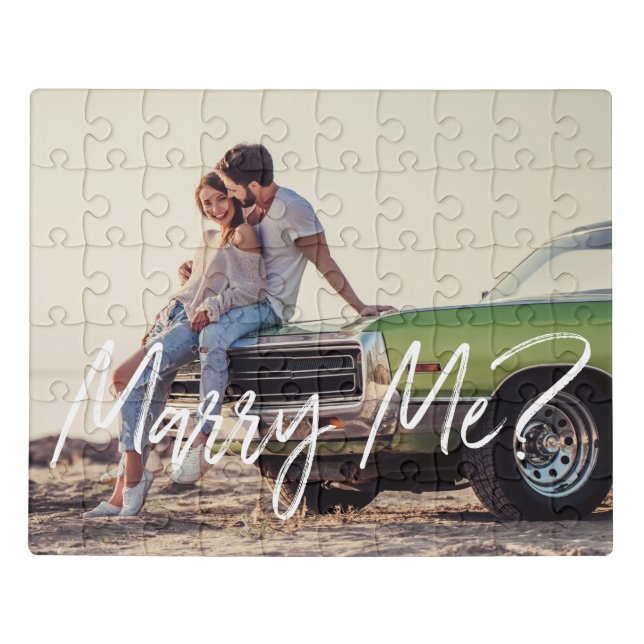 Marry Me? Trendy Brush Script & Custom Photo Jigsaw Puzzle (Puzzle Horizontal)