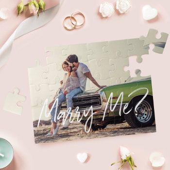Marry Me? Trendy Brush Script & Custom Photo Jigsaw Puzzle by moodthology at Zazzle