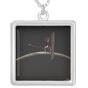 Mars Odyssey spacecraft over martian sunrise Silver Plated Necklace