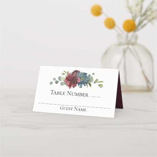 Marsala and Blue Watercolor Floral Wedding Place Card