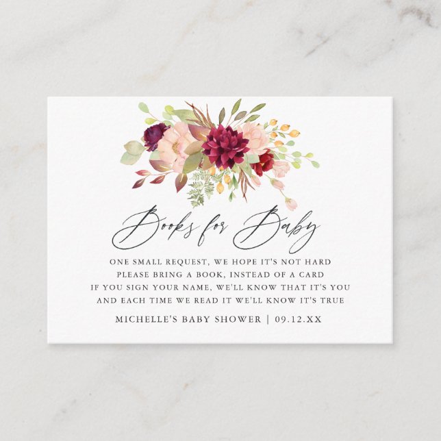 Marsala and Blush Floral Baby Shower Book Request Enclosure Card (Front)