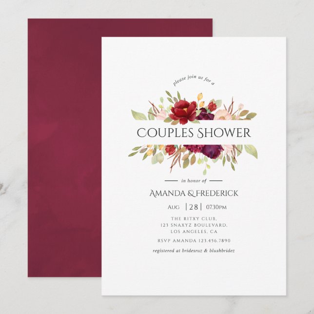 Marsala and Blush Floral Couples Shower Invitation (Front/Back)