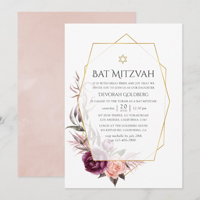 Marsala and Blush Floral Geometric Bat Mitzvah Invitation (Front/Back)