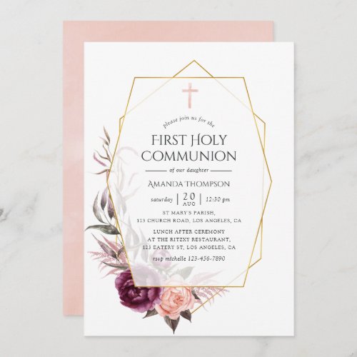 Marsala and Blush Floral Geometric First Communion Invitation