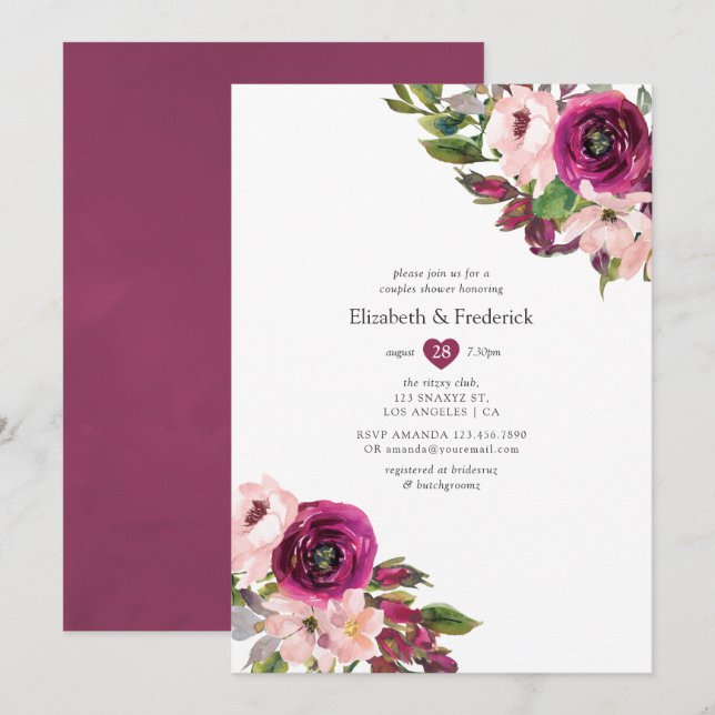 Marsala and Blush Floral Wedding Couples Shower Invitation (Front/Back)