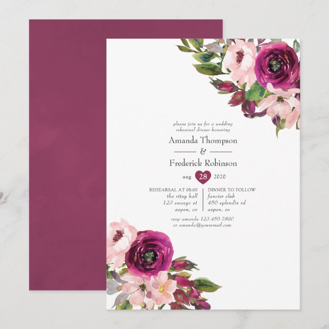 Marsala and Blush Floral Wedding Rehearsal Dinner Invitation (Front/Back)
