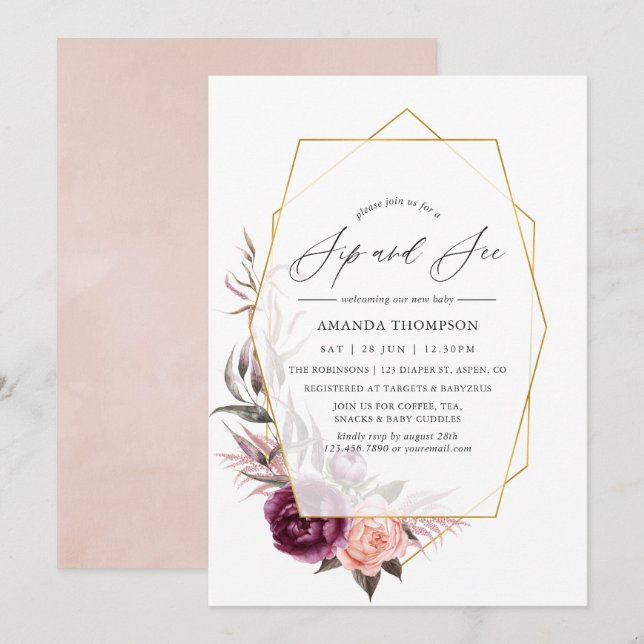Marsala and Blush Geometric Sip and See Party Invitation (Front/Back)
