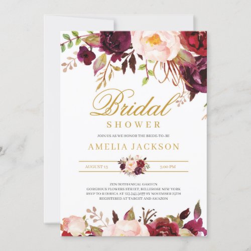 Marsala and blush pink floral bridal shower invitation