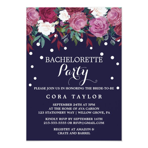 Marsala And Burgundy Floral On Navy Bachelorette Invitation