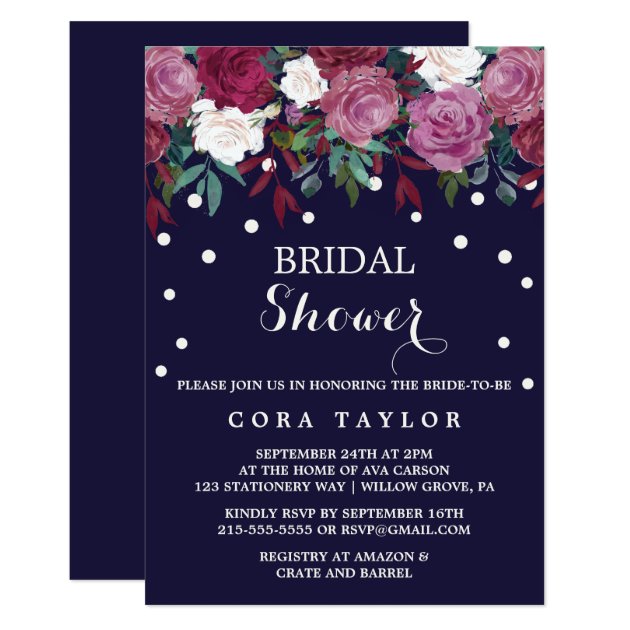 Marsala And Burgundy Floral On Navy Bridal Shower Invitation