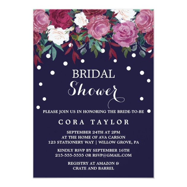 Marsala And Burgundy Floral On Navy Bridal Shower Invitation