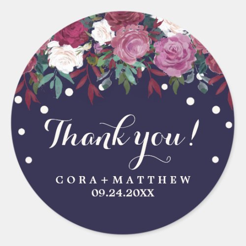 Marsala and Burgundy Floral on Navy Thank You Classic Round Sticker