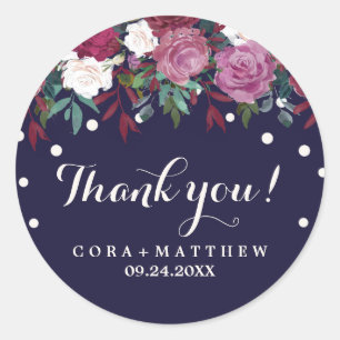 Marsala and Burgundy Floral on Navy Thank You Classic Round Sticker