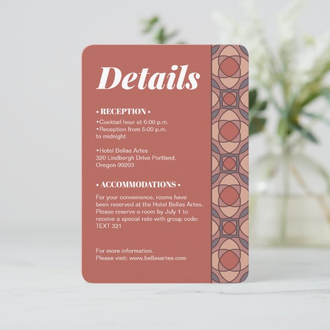 Marsala and Cinnamon Art Deco Wedding Details Card (Standing Front)