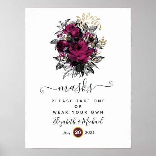 Marsala and Gold Floral Wedding Face Masks Poster