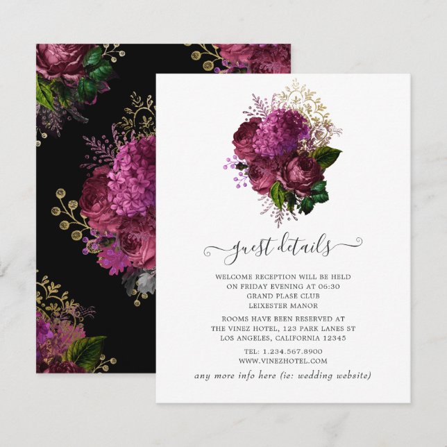 Marsala and Gold Floral Wedding Guest Details Enclosure Card (Front/Back)