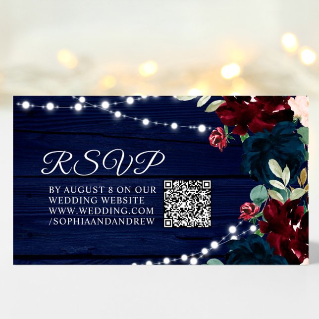 Marsala and Navy Flowers Rustic Wedding QR RSVP Enclosure Card (Creator Uploaded)