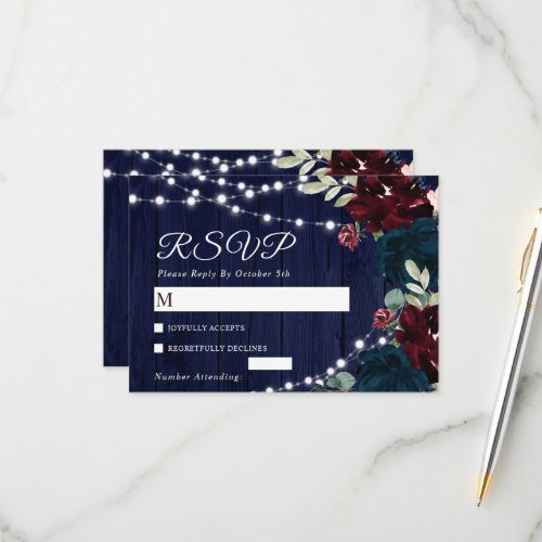 Marsala and Navy Flowers Wedding RSVP Card