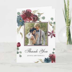 Marsala and Navy Watercolor Floral Photo Thank You Card